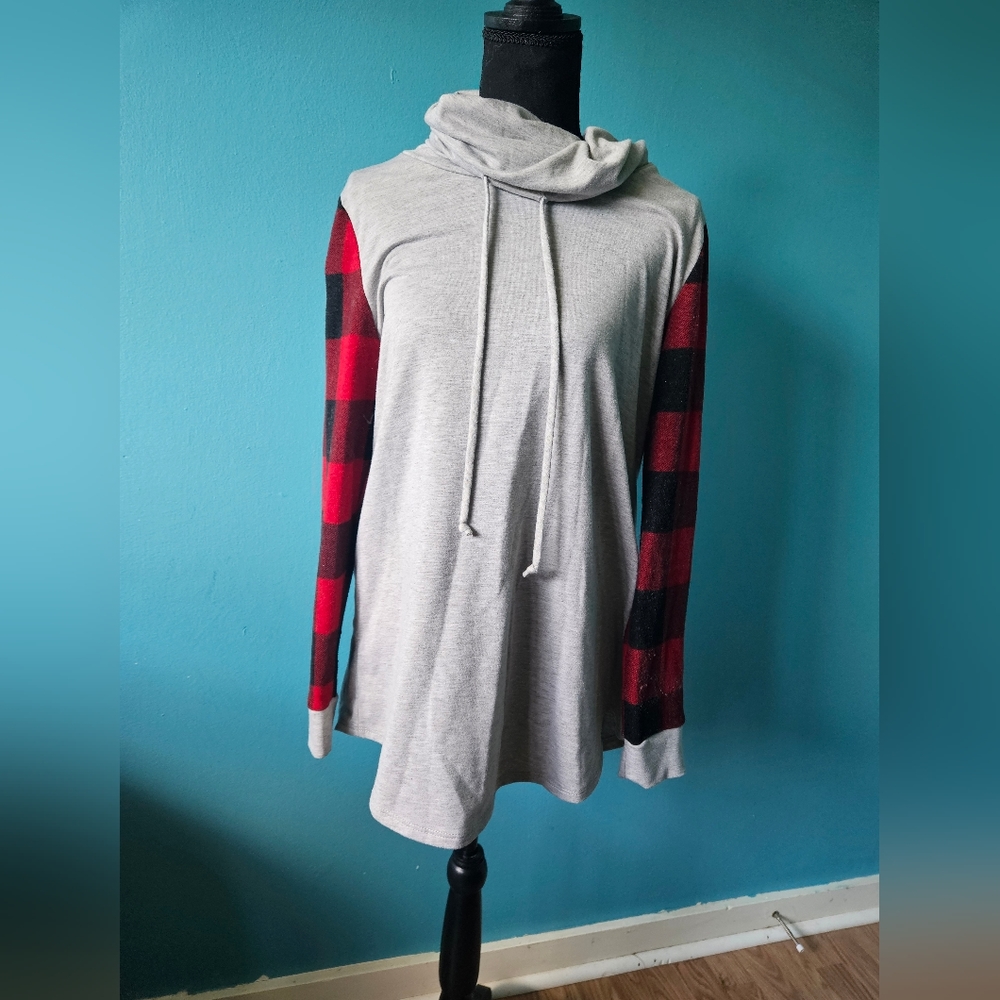 First Look grey and red/black plaid cowl neck mixed media top